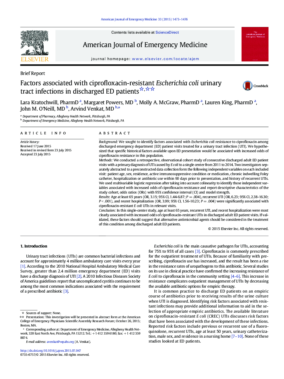 Brief ReportFactors associated with ciprofloxacin-resistant Escherichia coli urinary tract infections in discharged ED patients