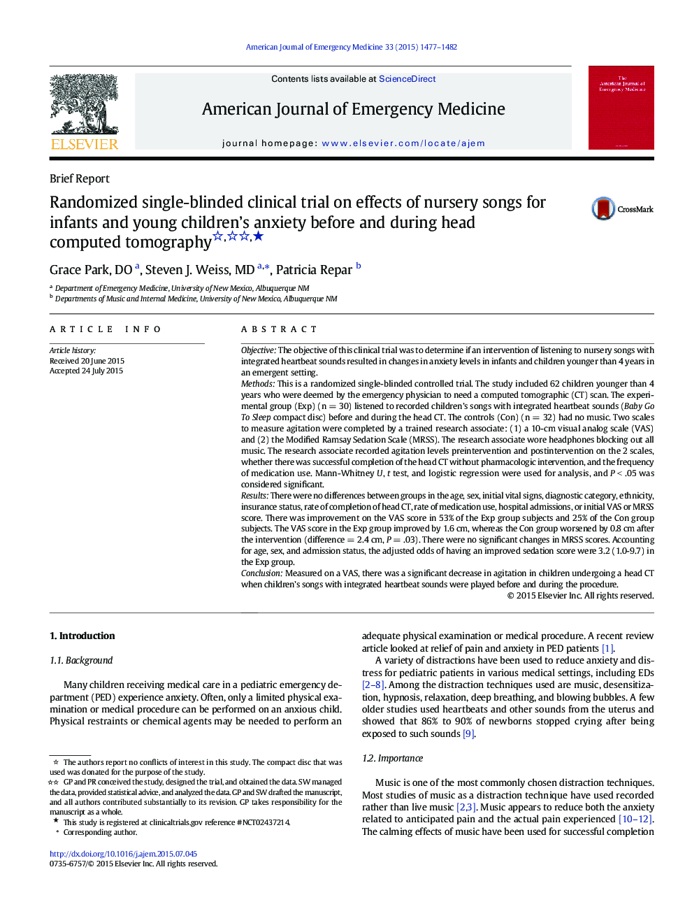 Brief ReportRandomized single-blinded clinical trial on effects of nursery songs for infants and young children's anxiety before and during head computed tomographyâ