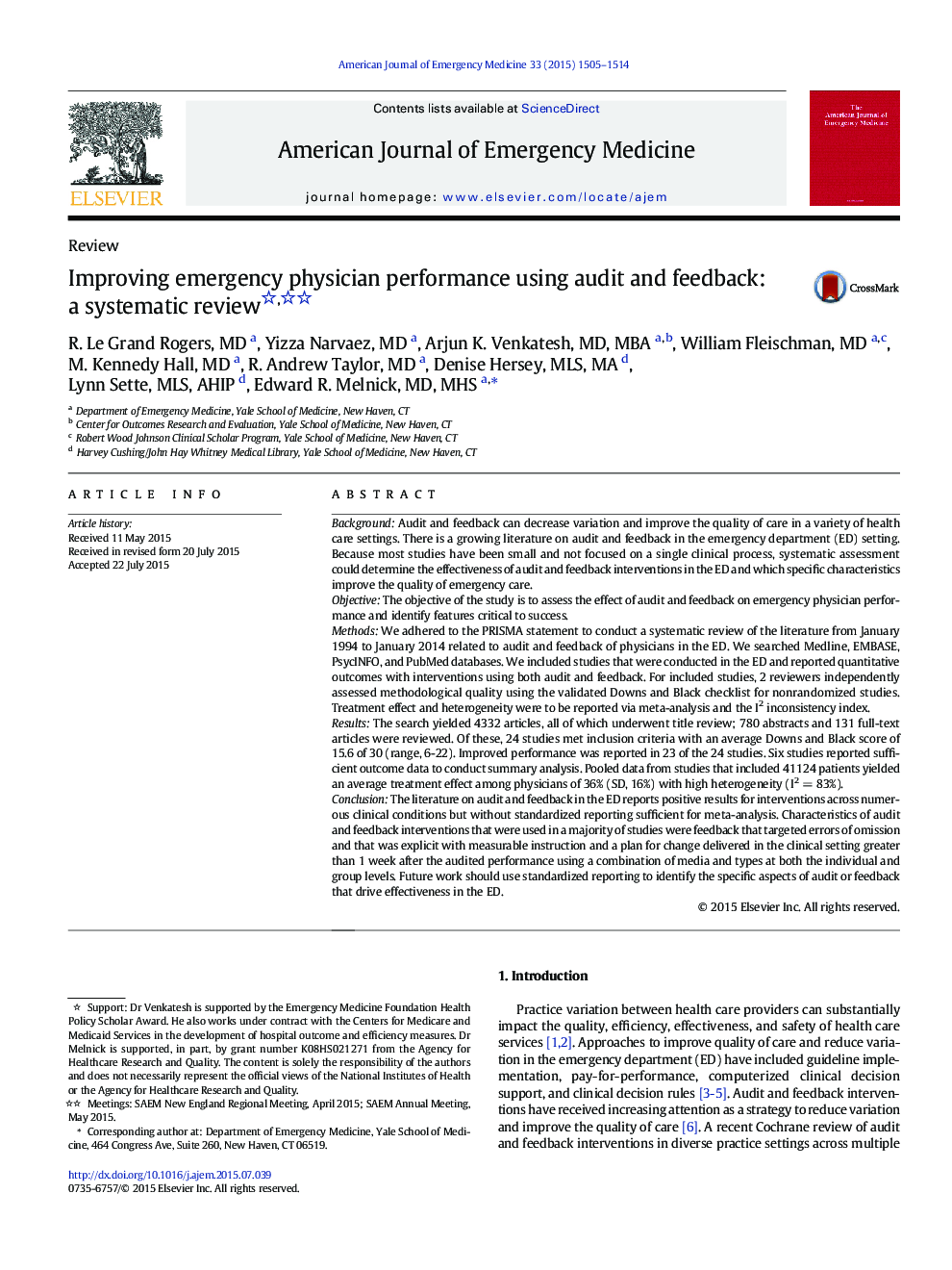 ReviewImproving emergency physician performance using audit and feedback: a systematic review