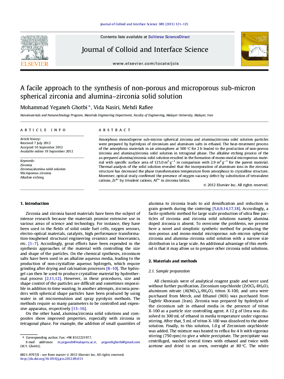 A facile approach to the synthesis of non-porous and microporous sub-micron spherical zirconia and alumina–zirconia solid solution