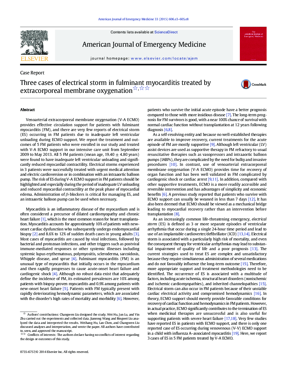 Three cases of electrical storm in fulminant myocarditis treated by extracorporeal membrane oxygenation