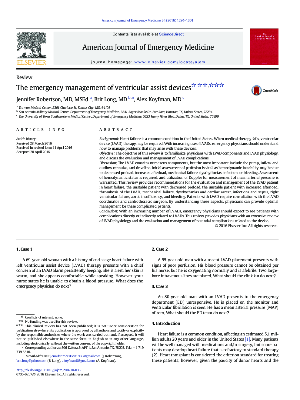 The emergency management of ventricular assist devices