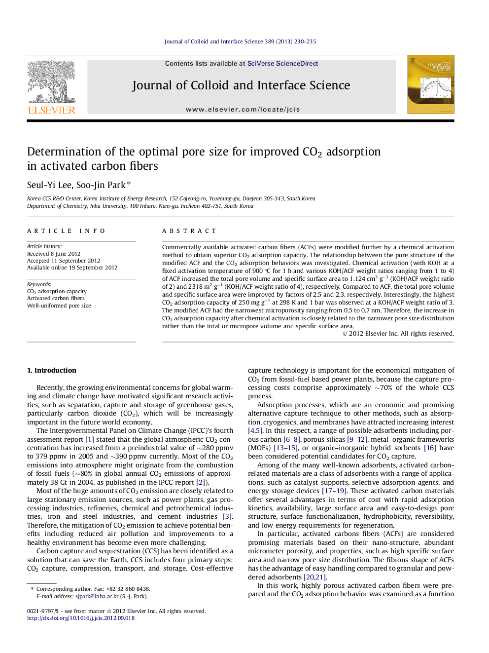 عکس صفحه اول مقاله: Determination of the optimal pore size for improved CO2 adsorption in activated carbon fibers Determination of the optimal pore size for improved CO2 adsorption in activated carbon fibers