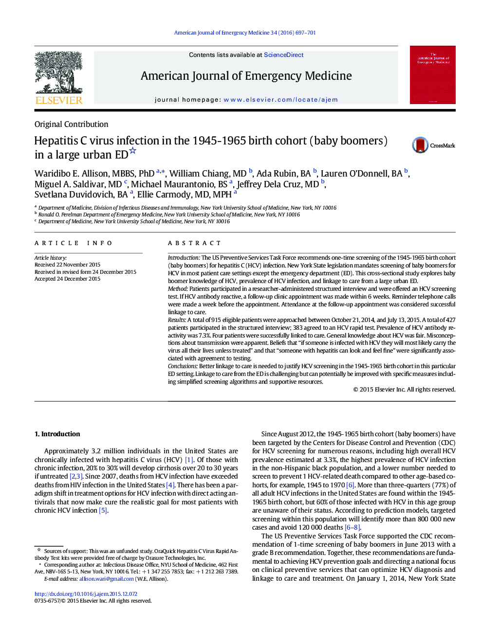 Hepatitis C virus infection in the 1945-1965 birth cohort (baby boomers) in a large urban ED