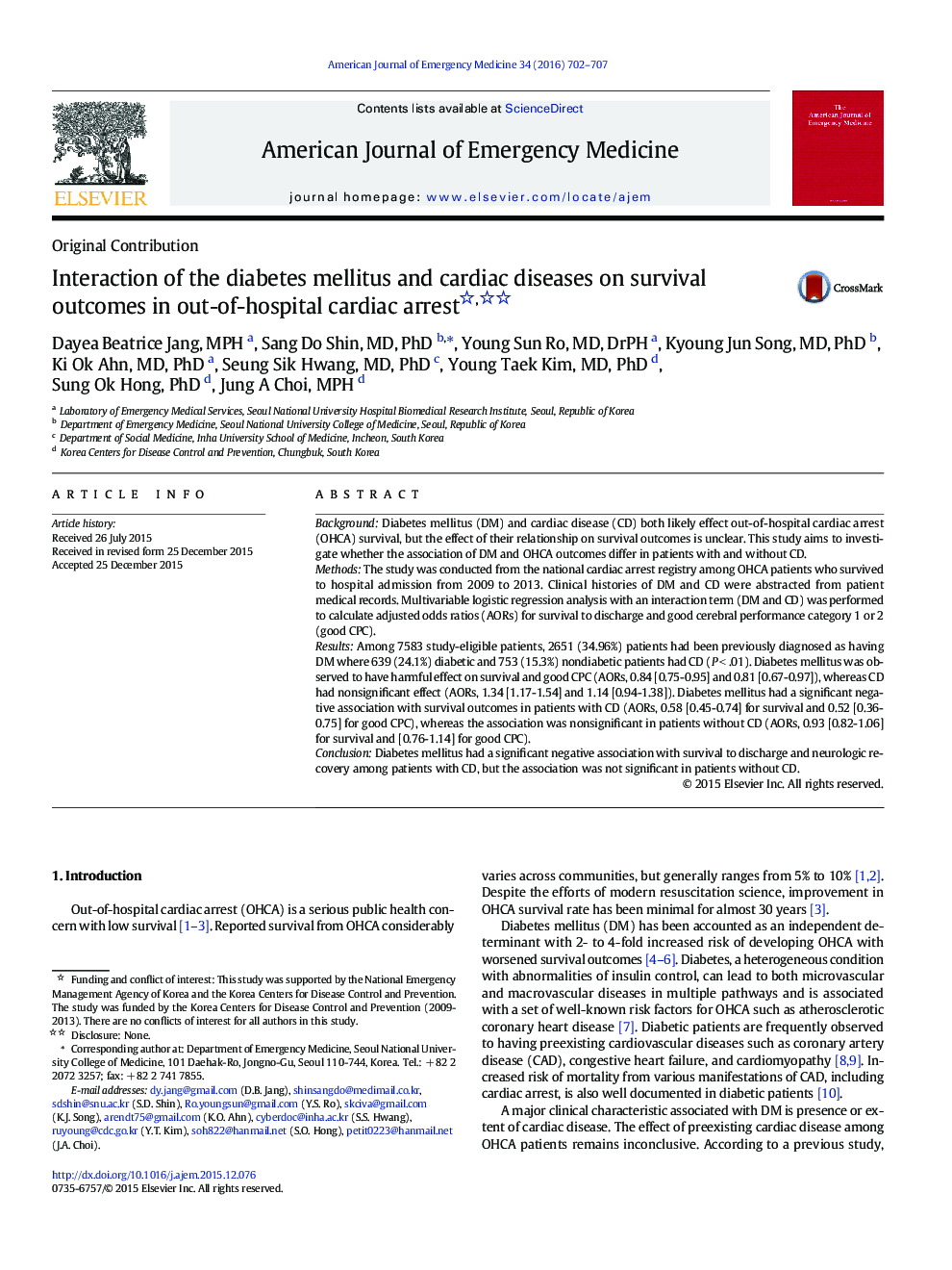 Original ContributionInteraction of the diabetes mellitus and cardiac diseases on survival outcomes in out-of-hospital cardiac arrest