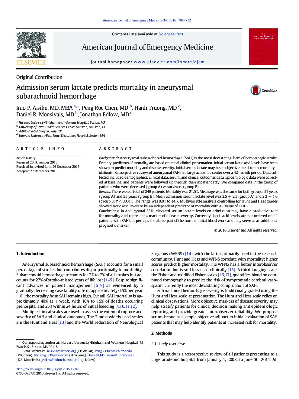 Original ContributionAdmission serum lactate predicts mortality in aneurysmal subarachnoid hemorrhage