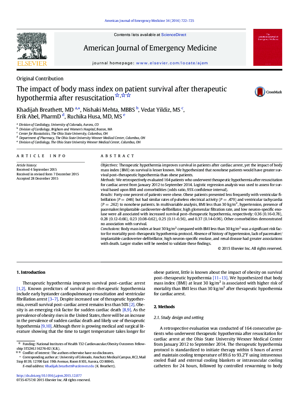 Original ContributionThe impact of body mass index on patient survival after therapeutic hypothermia after resuscitation