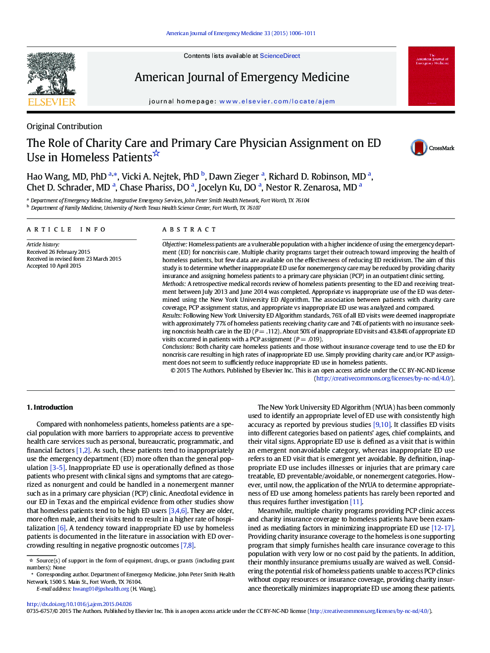 The Role of Charity Care and Primary Care Physician Assignment on ED Use in Homeless Patients