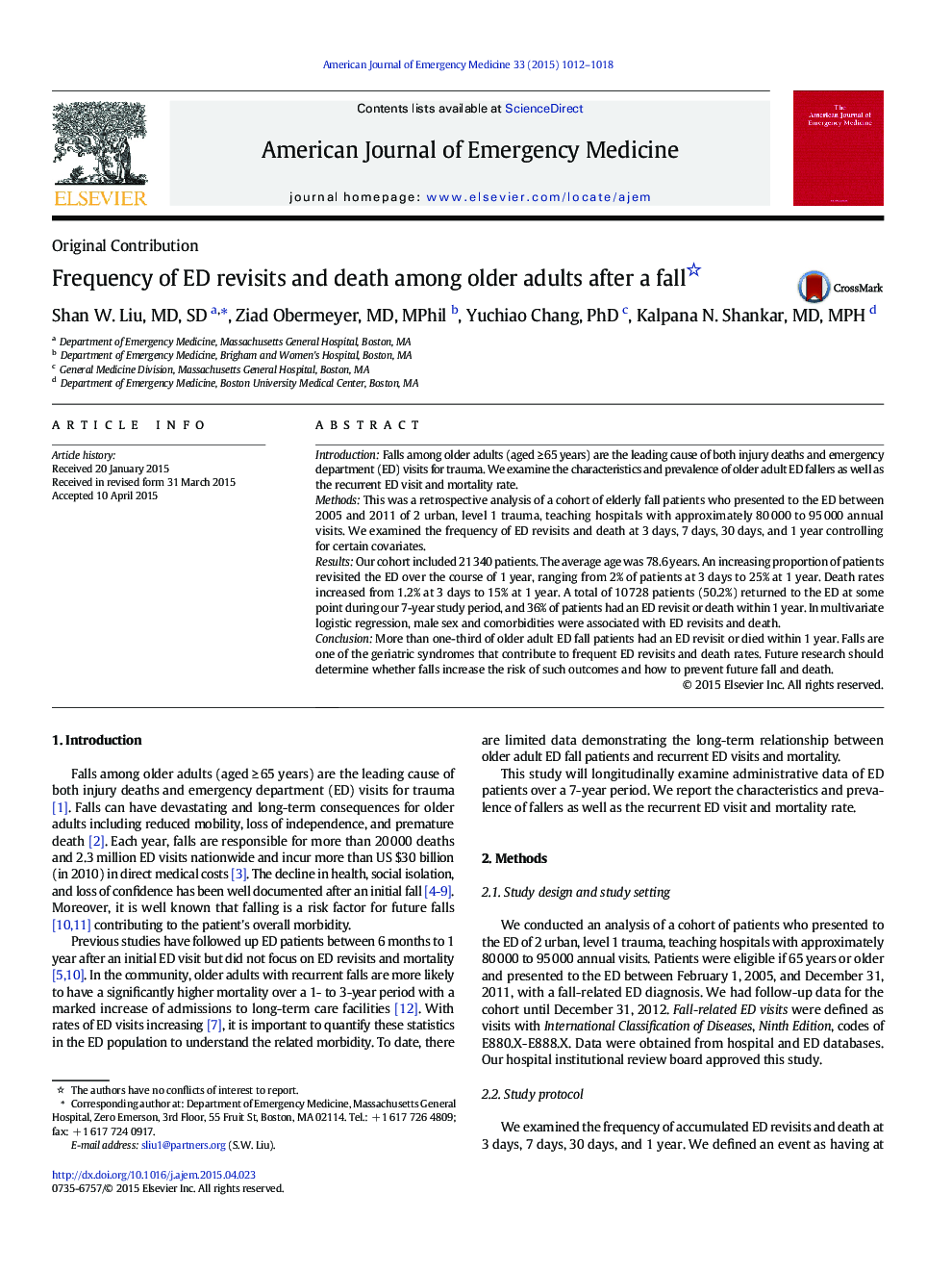 Frequency of ED revisits and death among older adults after a fall