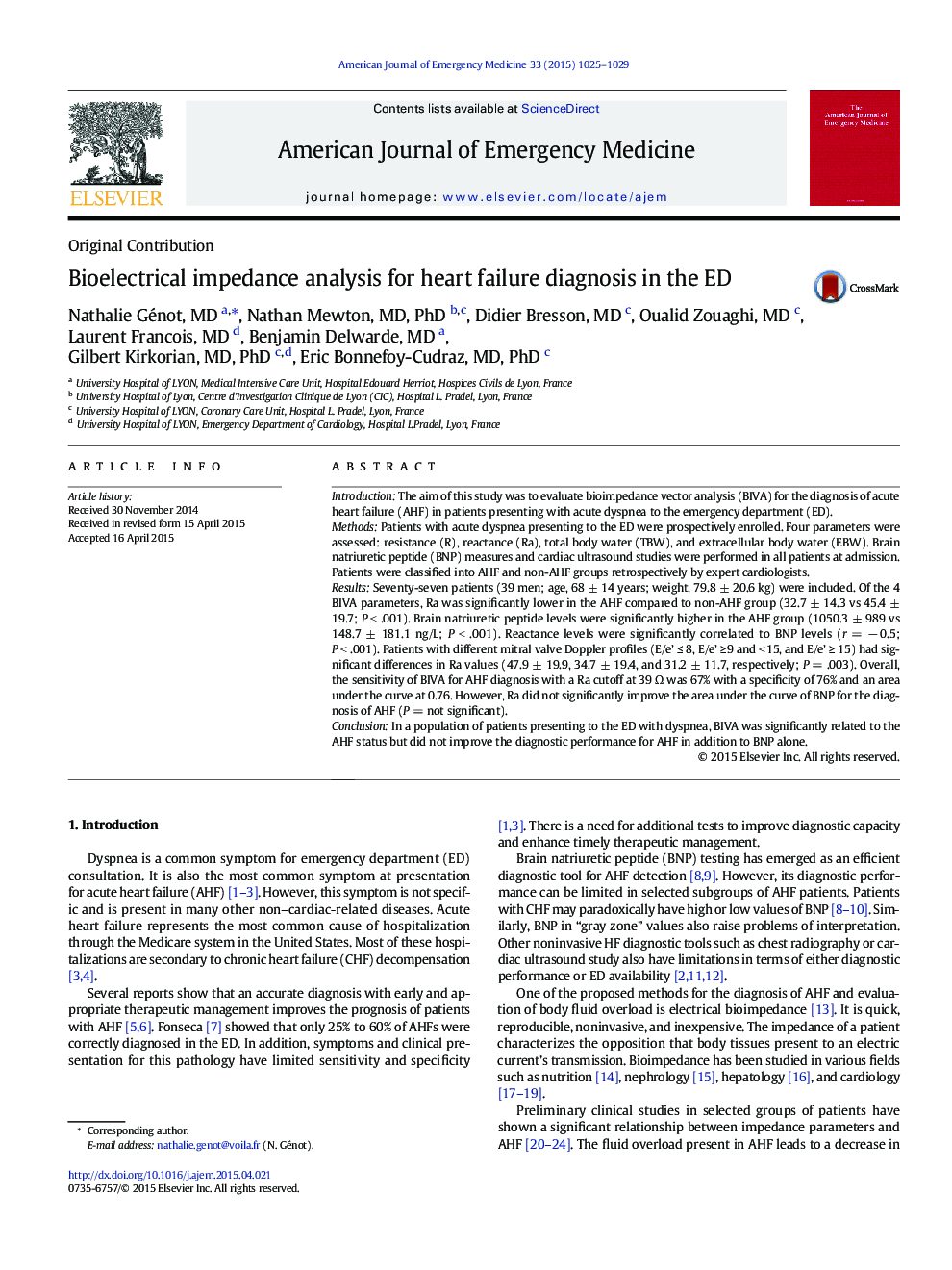 Original ContributionBioelectrical impedance analysis for heart failure diagnosis in the ED
