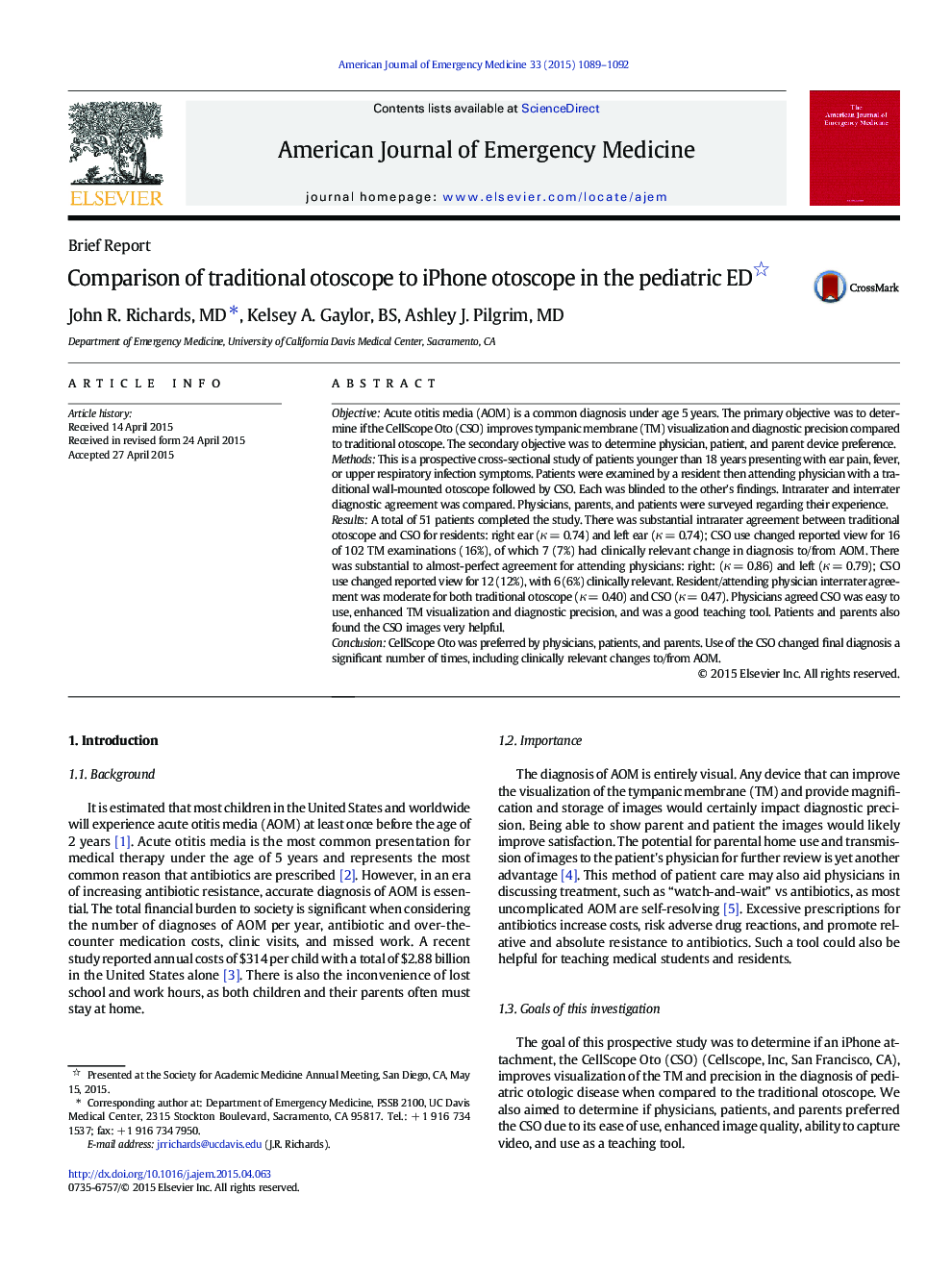 Comparison of traditional otoscope to iPhone otoscope in the pediatric ED