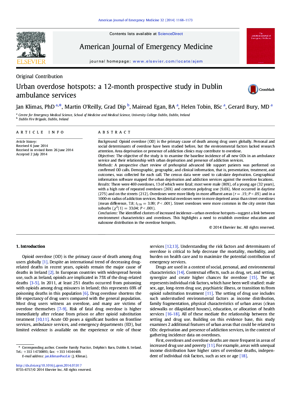 Urban overdose hotspots: a 12-month prospective study in Dublin ambulance services