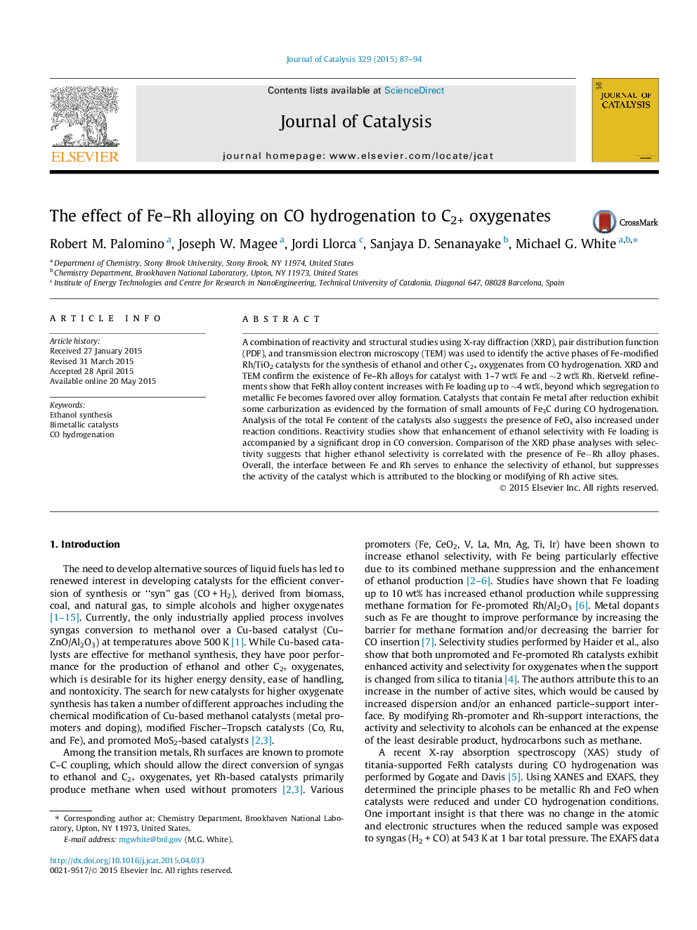 The effect of Fe–Rh alloying on CO hydrogenation to C2+ oxygenates