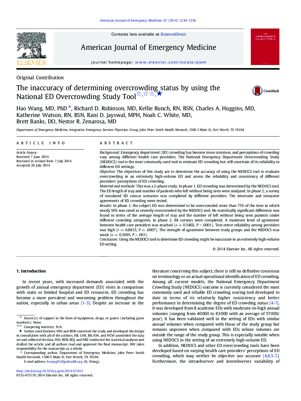 The inaccuracy of determining overcrowding status by using the National ED Overcrowding Study Tool