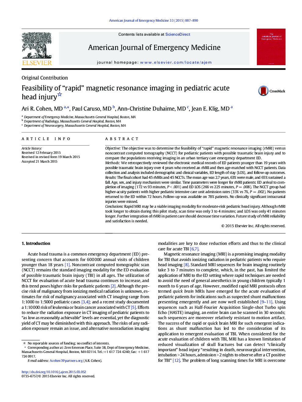 Original ContributionFeasibility of “rapid” magnetic resonance imaging in pediatric acute head injury