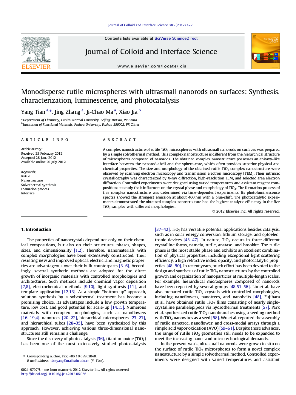 Monodisperse rutile microspheres with ultrasmall nanorods on surfaces: Synthesis, characterization, luminescence, and photocatalysis