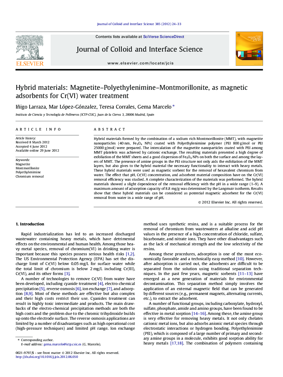 Hybrid materials: Magnetite–Polyethylenimine–Montmorillonite, as magnetic adsorbents for Cr(VI) water treatment