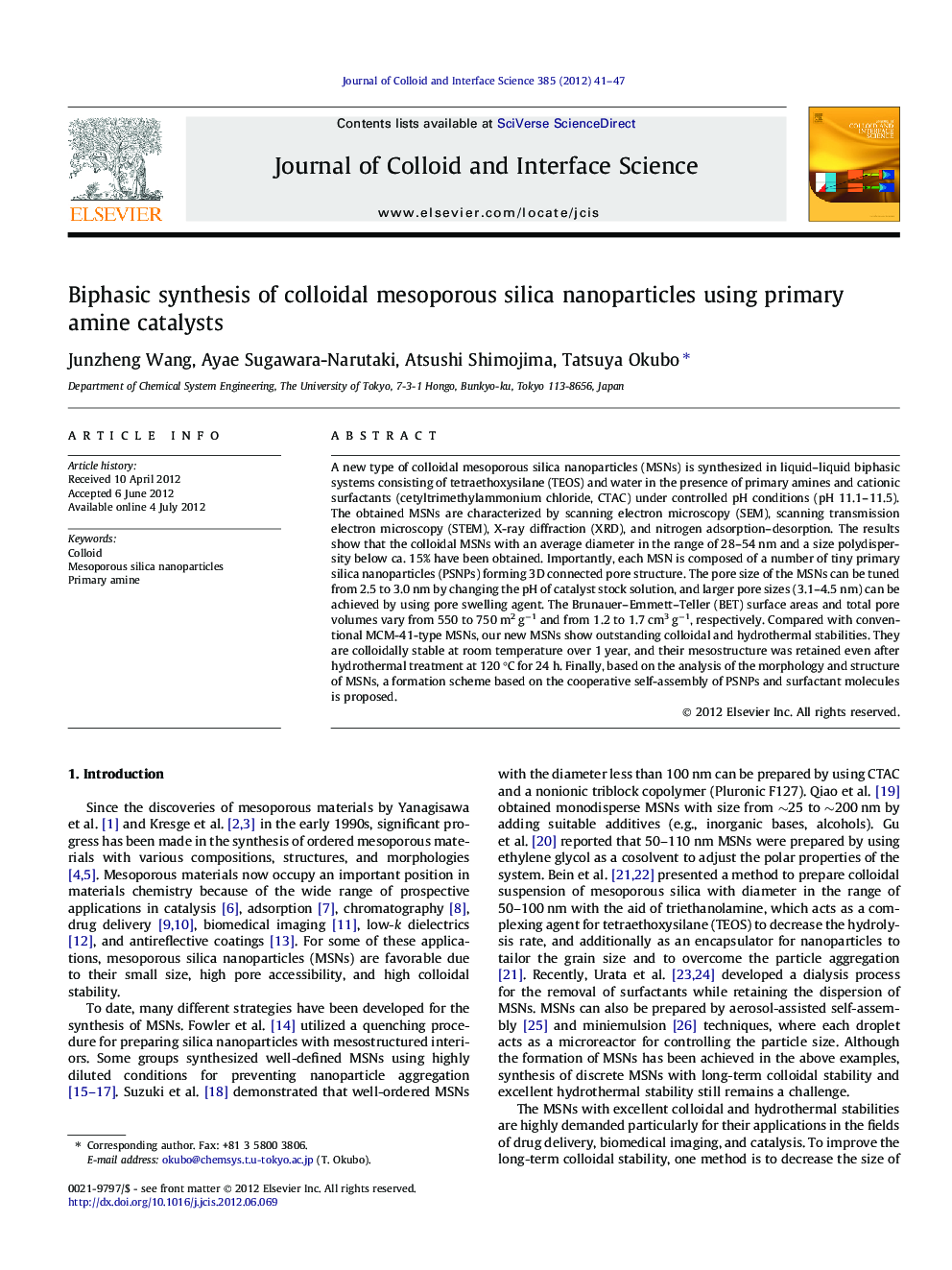 Biphasic synthesis of colloidal mesoporous silica nanoparticles using primary amine catalysts