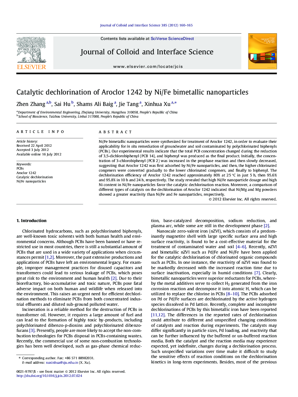 عکس صفحه اول مقاله: Catalytic dechlorination of Aroclor 1242 by Ni/Fe bimetallic nanoparticles Catalytic dechlorination of Aroclor 1242 by Ni/Fe bimetallic nanoparticles