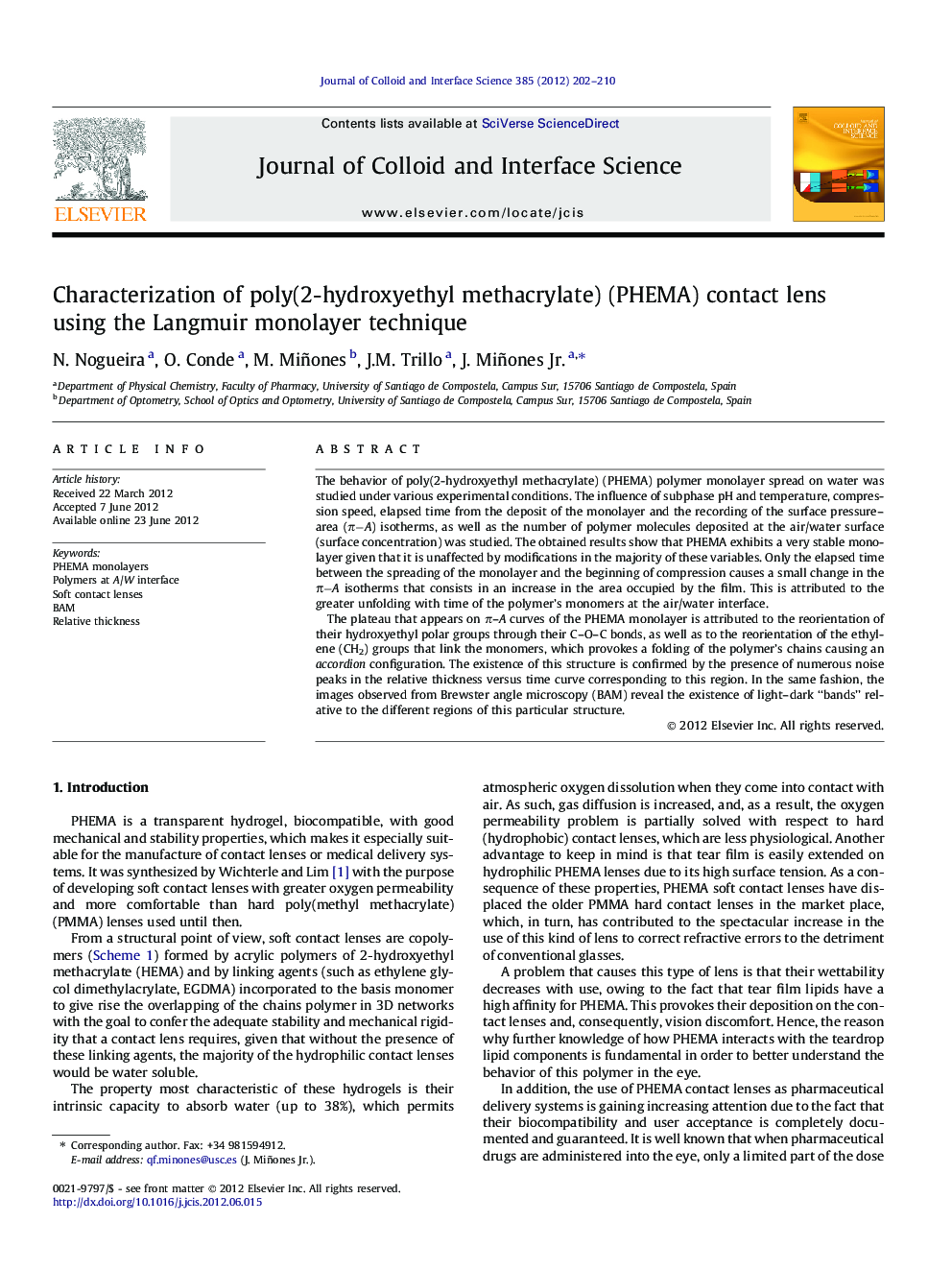 Characterization of poly(2-hydroxyethyl methacrylate) (PHEMA) contact lens using the Langmuir monolayer technique