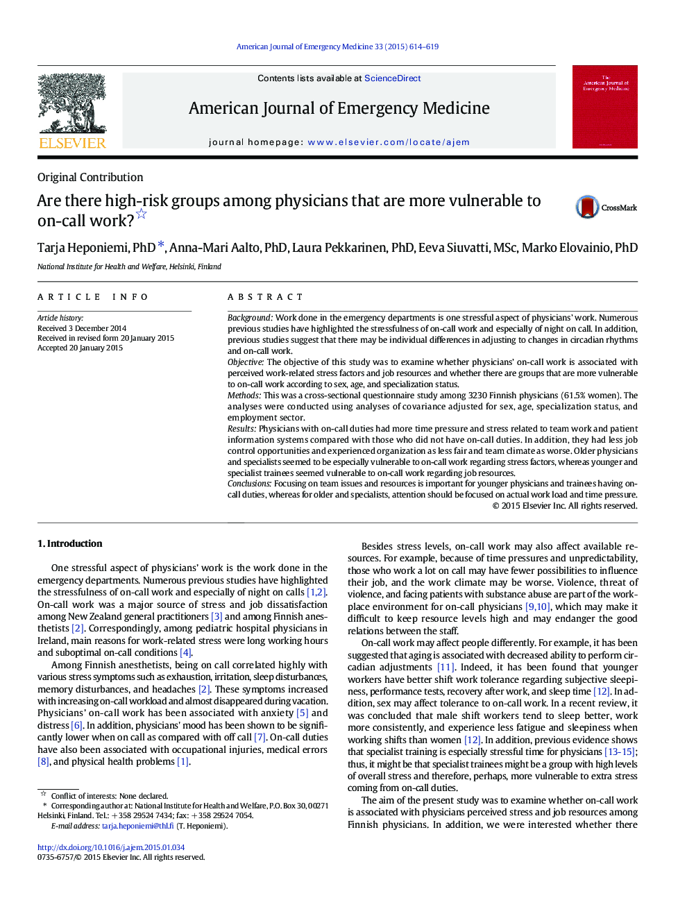 Original ContributionAre there high-risk groups among physicians that are more vulnerable to on-call work?