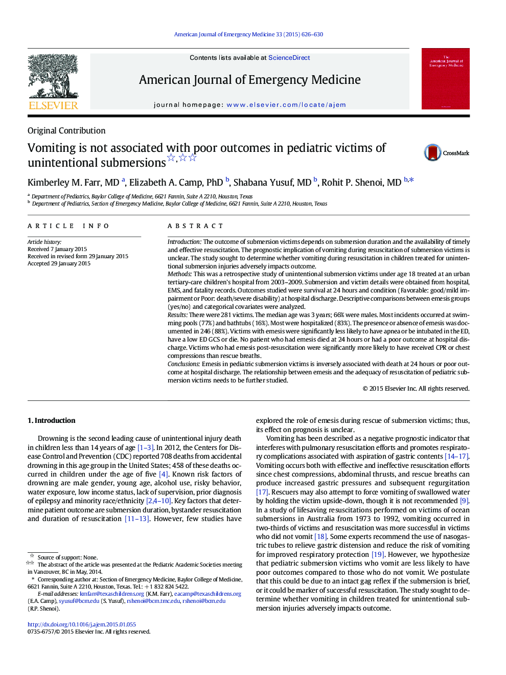 Original ContributionVomiting is not associated with poor outcomes in pediatric victims of unintentional submersions