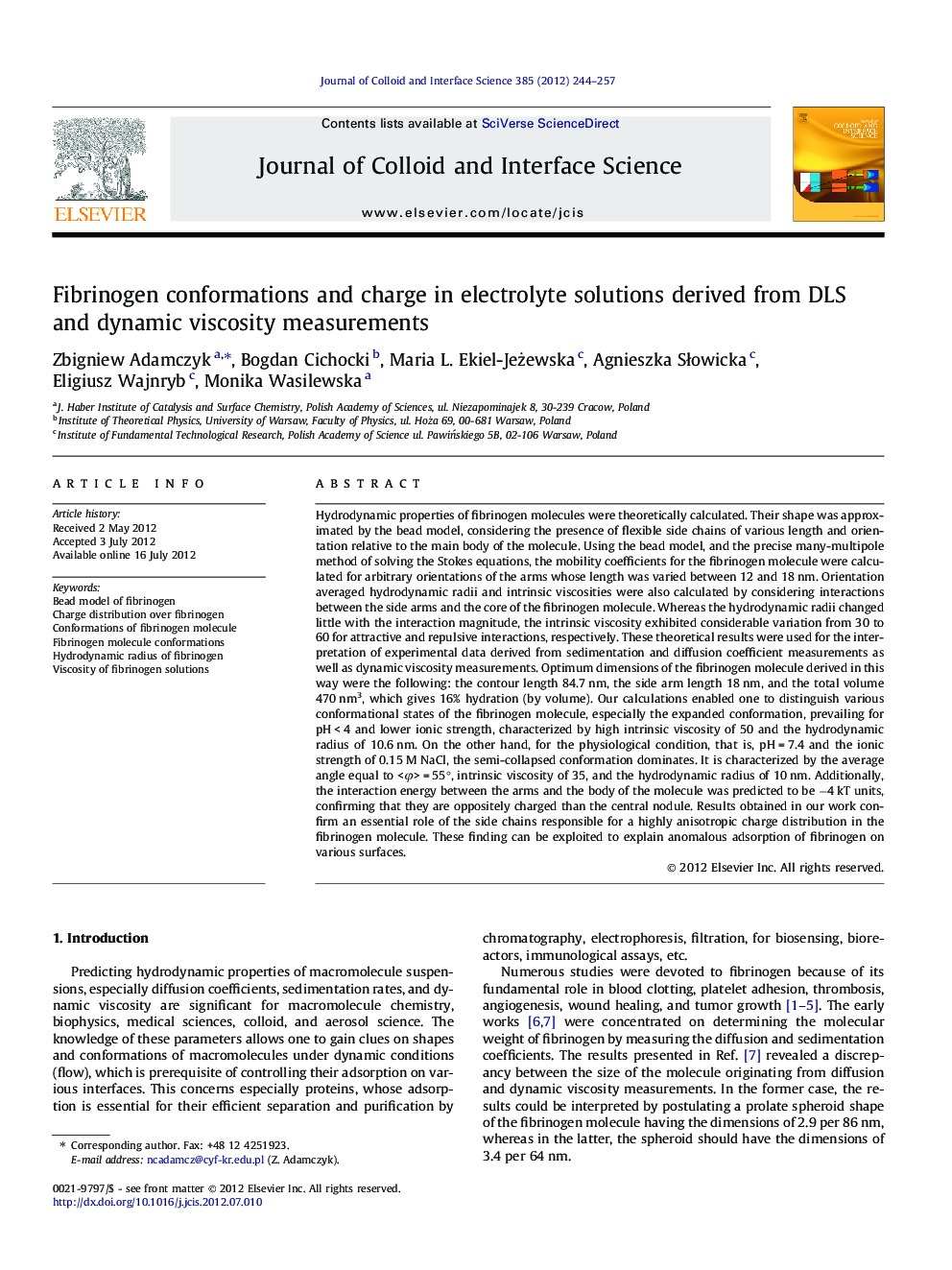 Fibrinogen conformations and charge in electrolyte solutions derived from DLS and dynamic viscosity measurements