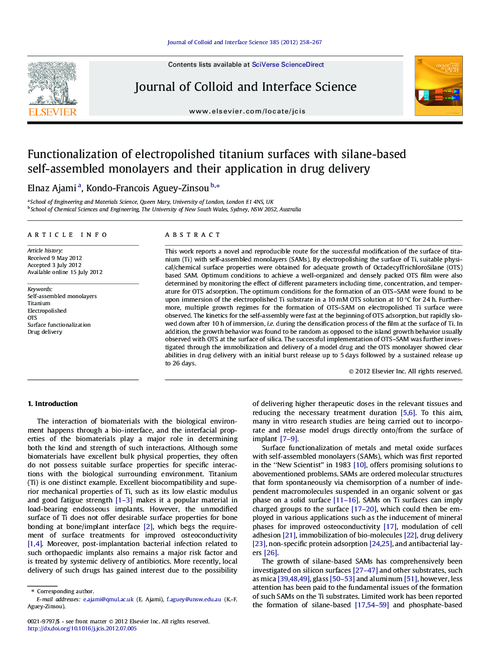 Functionalization of electropolished titanium surfaces with silane-based self-assembled monolayers and their application in drug delivery