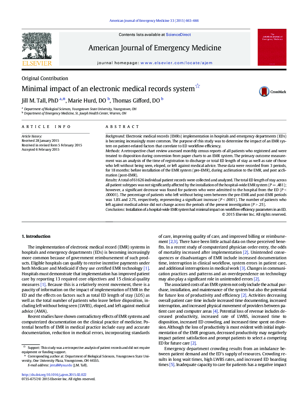 Original ContributionMinimal impact of an electronic medical records system