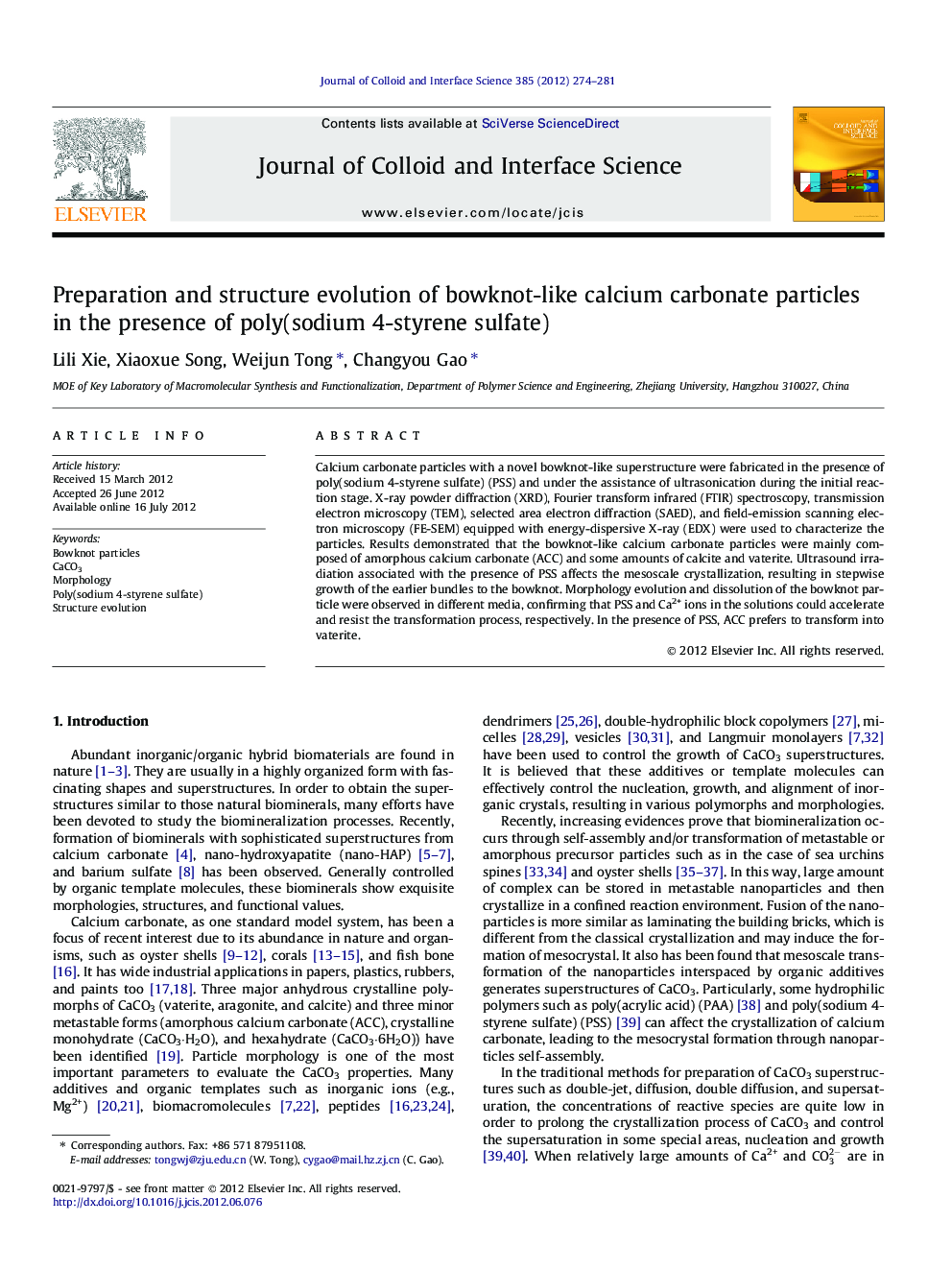 Preparation and structure evolution of bowknot-like calcium carbonate particles in the presence of poly(sodium 4-styrene sulfate)