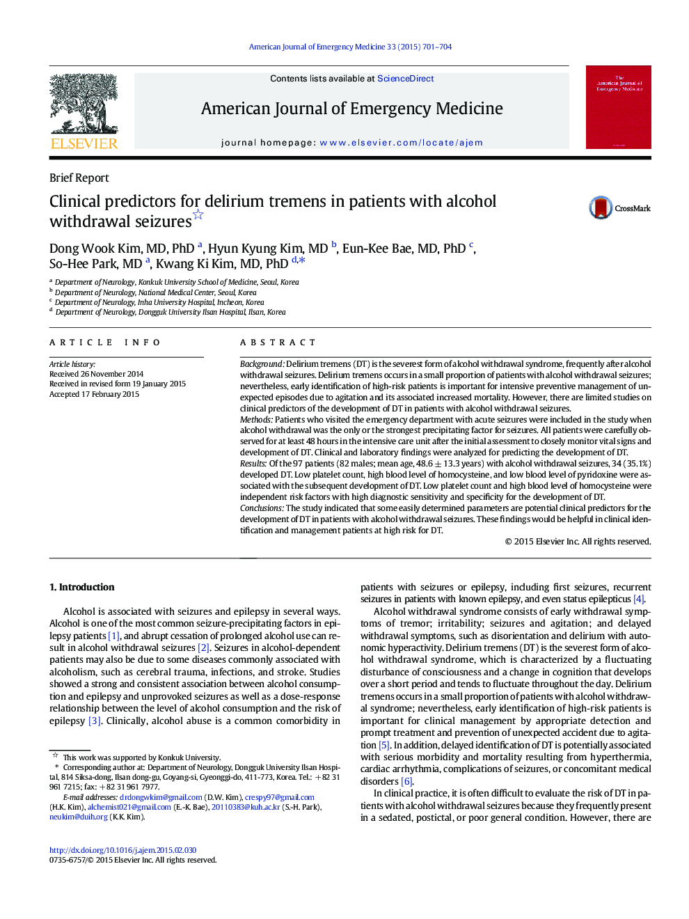 Brief ReportClinical predictors for delirium tremens in patients with alcohol withdrawal seizures