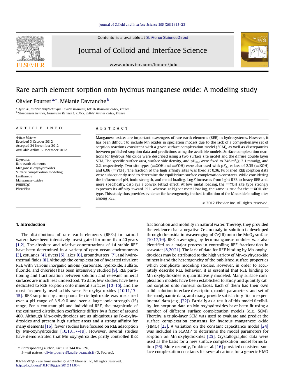 Rare earth element sorption onto hydrous manganese oxide: A modeling study