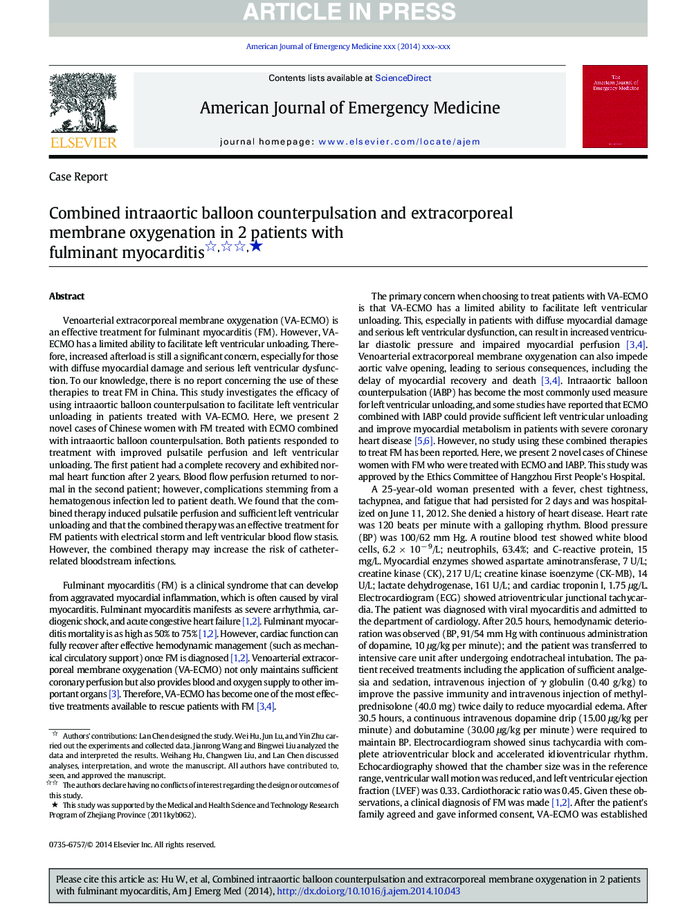 Combined intraaortic balloon counterpulsation and extracorporeal membrane oxygenation in 2 patients with fulminant myocarditis