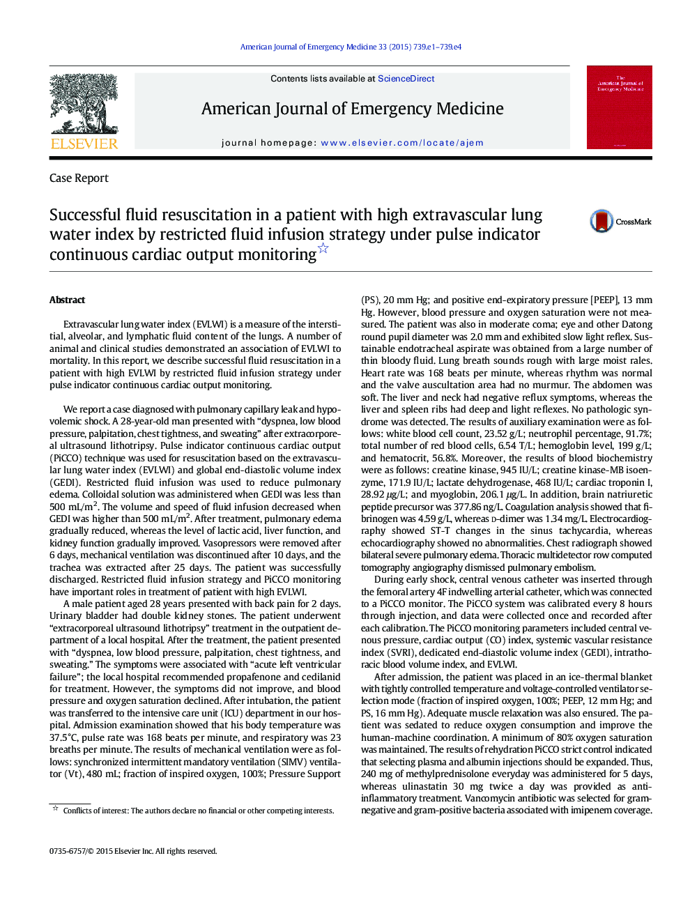 Successful fluid resuscitation in a patient with high extravascular lung water index by restricted fluid infusion strategy under pulse indicator continuous cardiac output monitoring