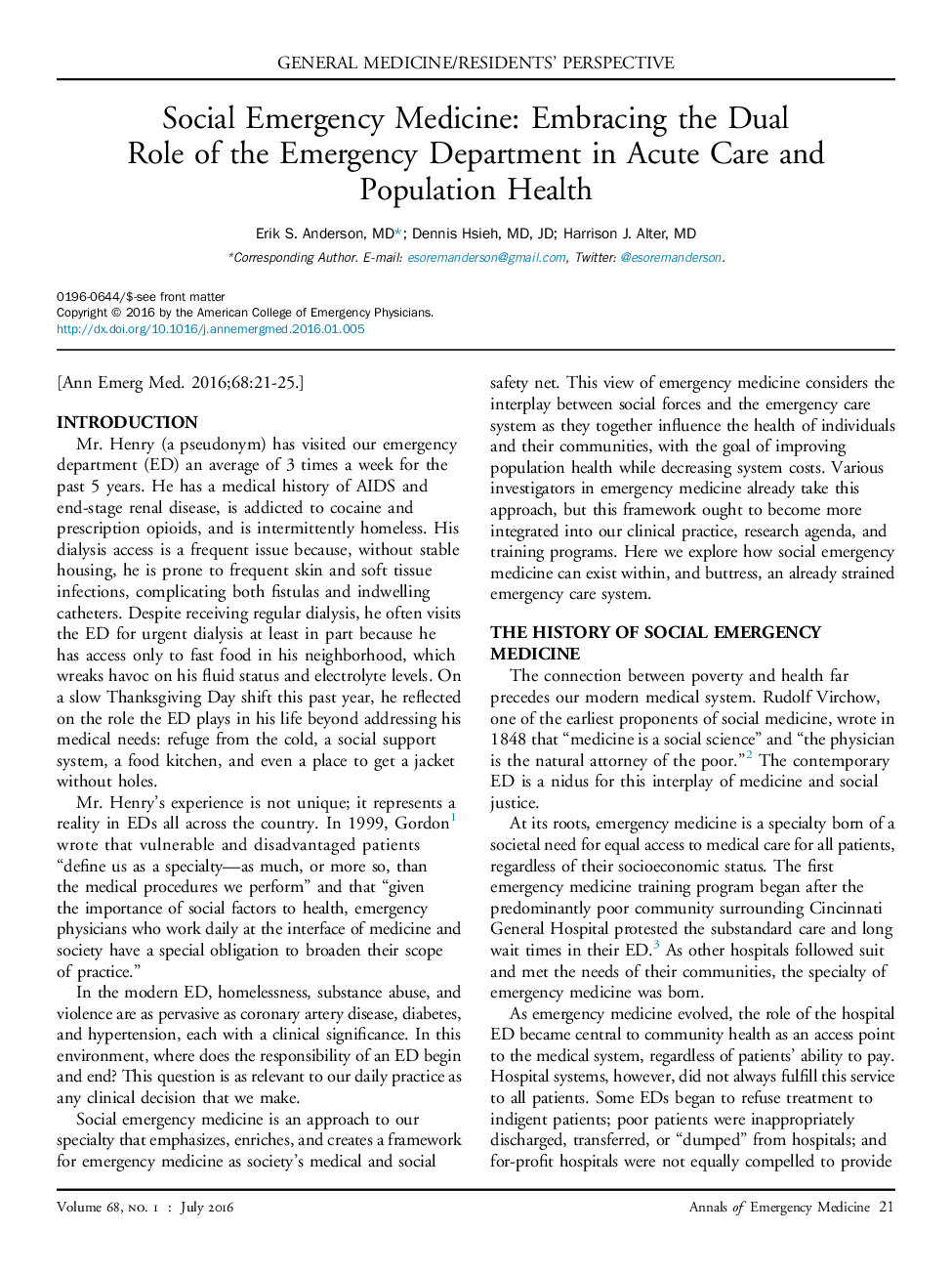 Social Emergency Medicine: Embracing the Dual Role of the Emergency Department in Acute Care and Population Health