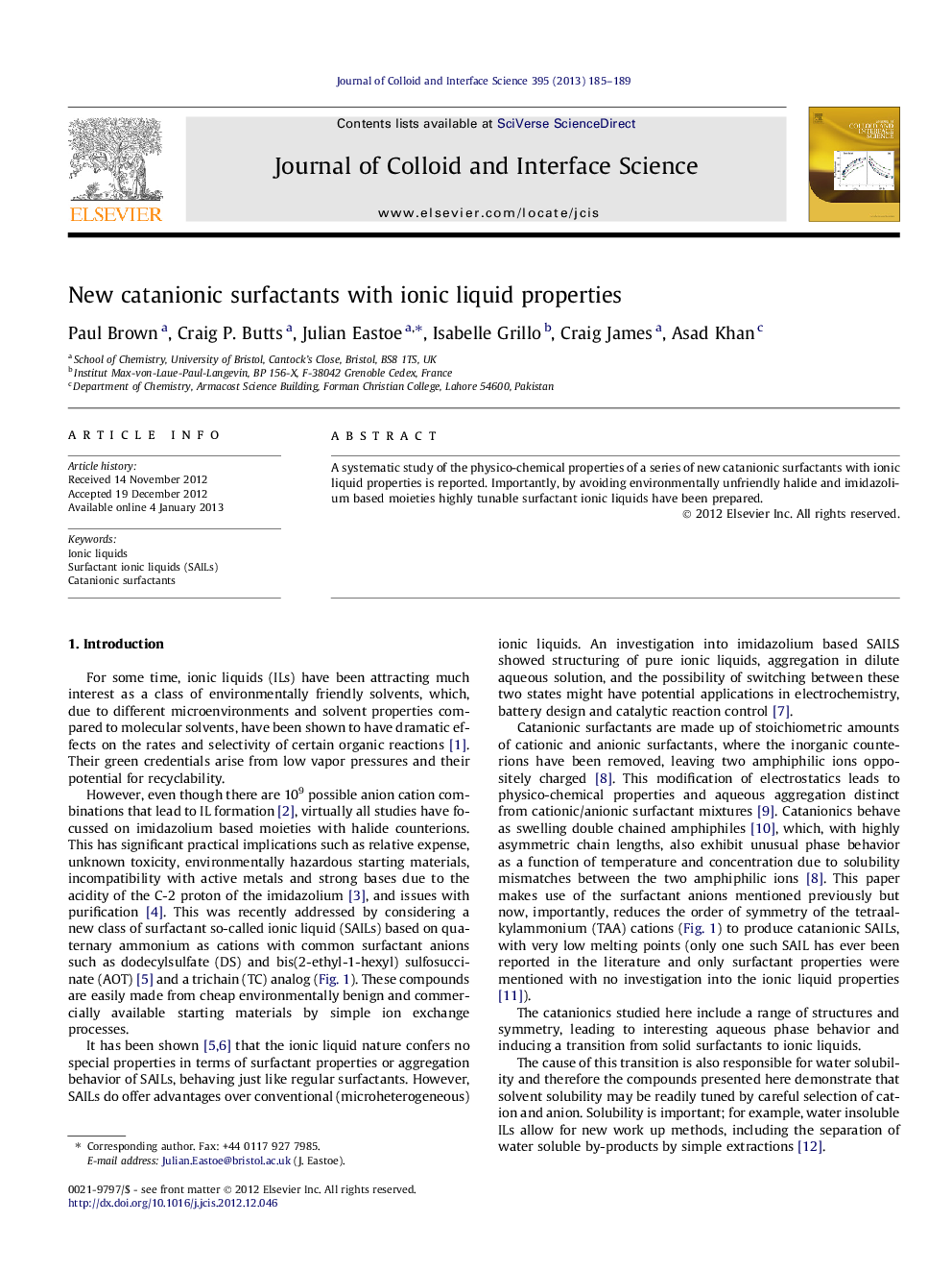 عکس صفحه اول مقاله: New catanionic surfactants with ionic liquid properties New catanionic surfactants with ionic liquid properties