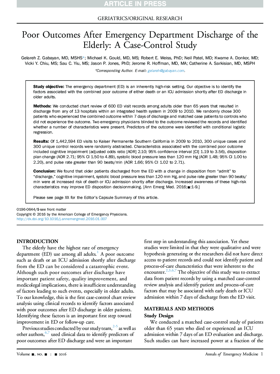 Poor Outcomes After Emergency Department Discharge of the Elderly: A Case-Control Study