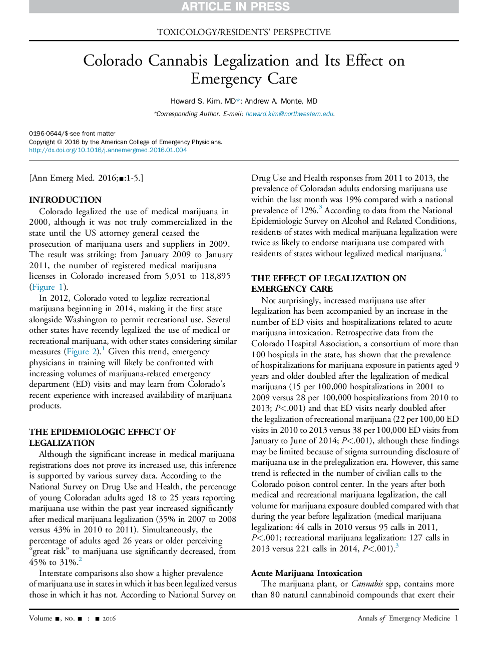 Colorado Cannabis Legalization and Its Effect on Emergency Care