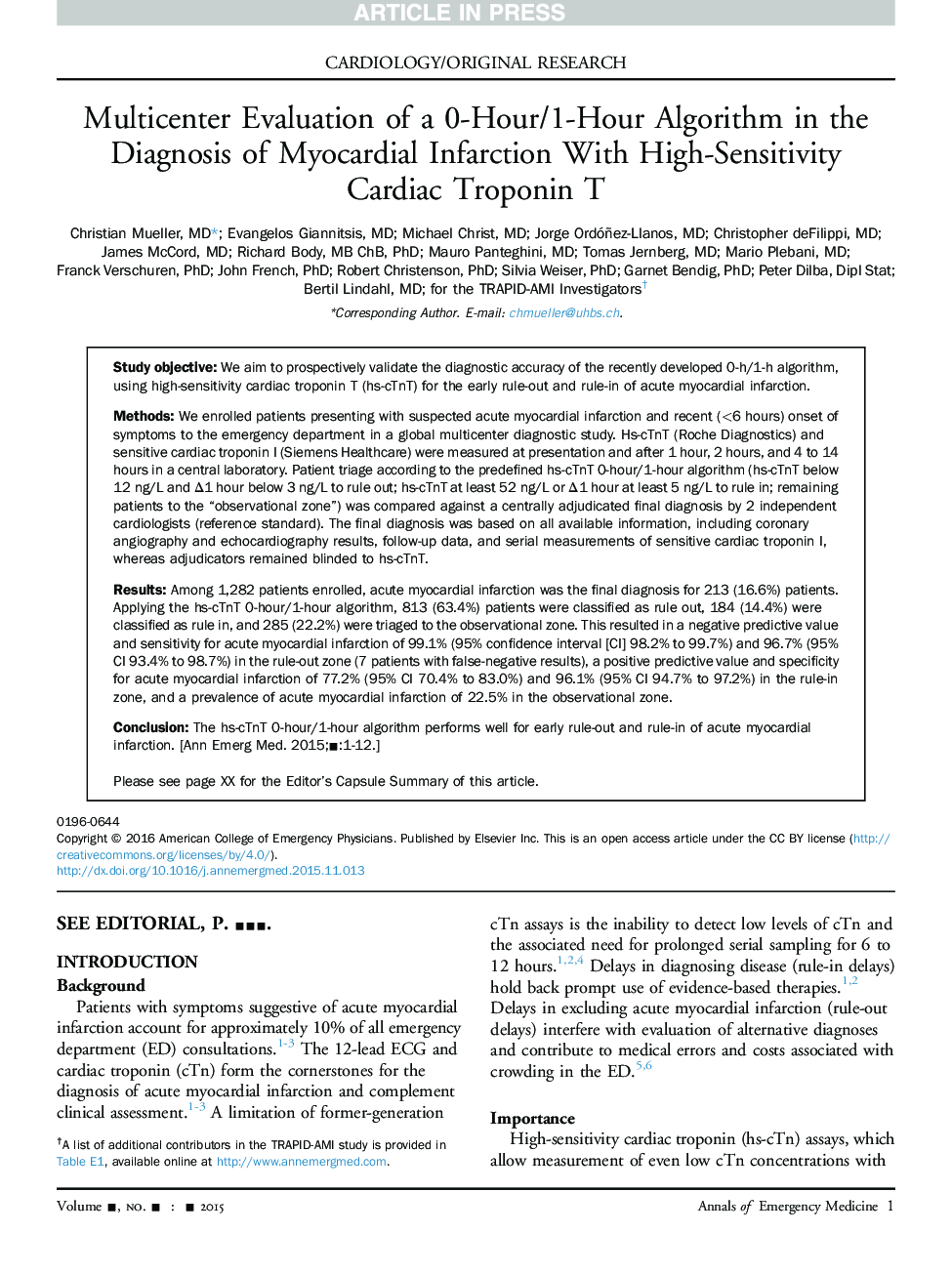 Multicenter Evaluation of a 0-Hour/1-Hour Algorithm in the Diagnosis of Myocardial Infarction With High-Sensitivity Cardiac Troponin T