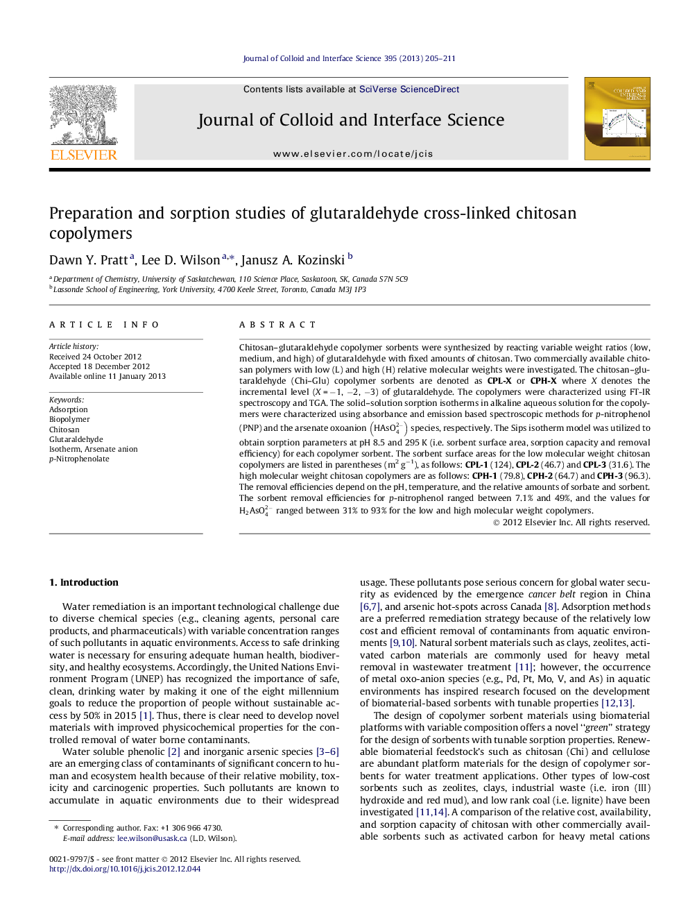 Preparation and sorption studies of glutaraldehyde cross-linked chitosan copolymers