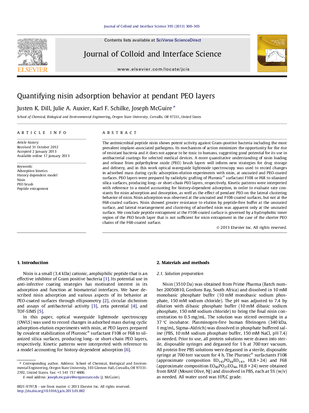 Quantifying nisin adsorption behavior at pendant PEO layers