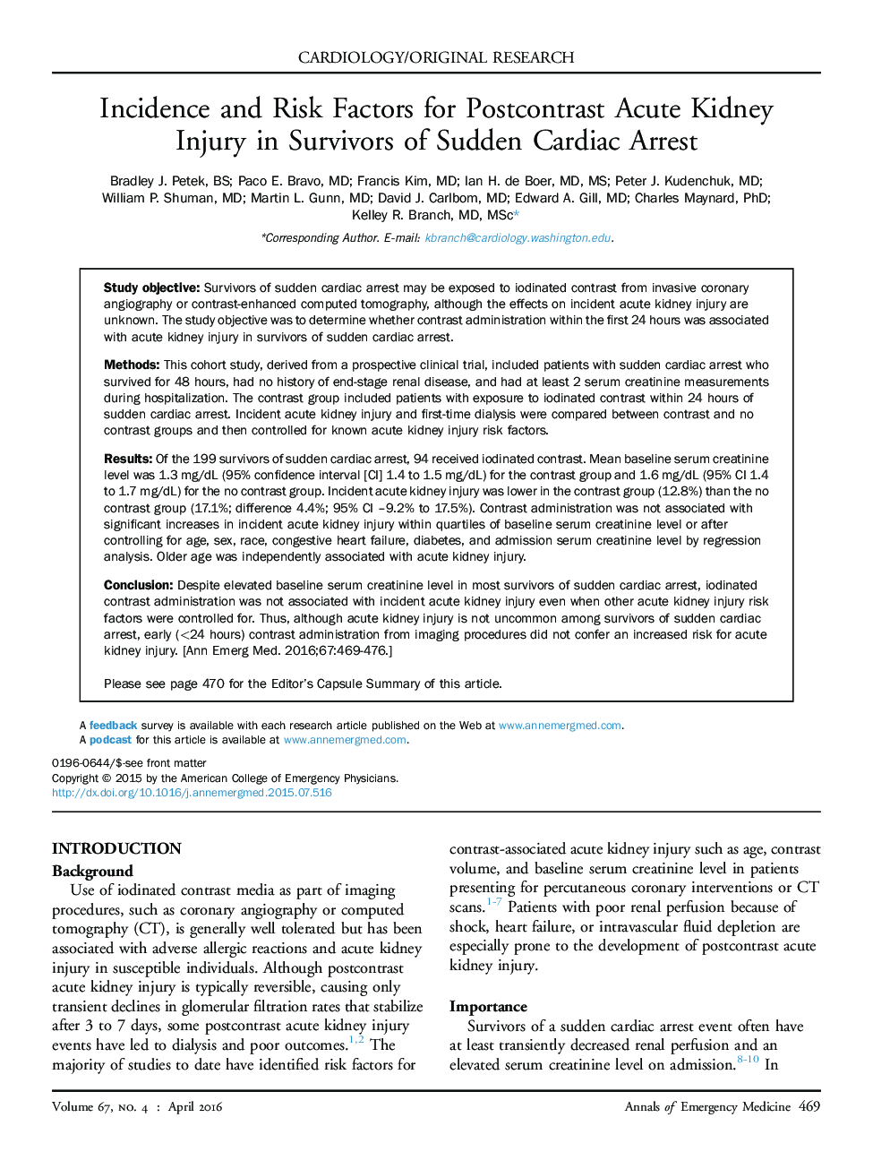 Cardiology/original researchIncidence and Risk Factors for Postcontrast Acute Kidney Injury in Survivors of Sudden Cardiac Arrest