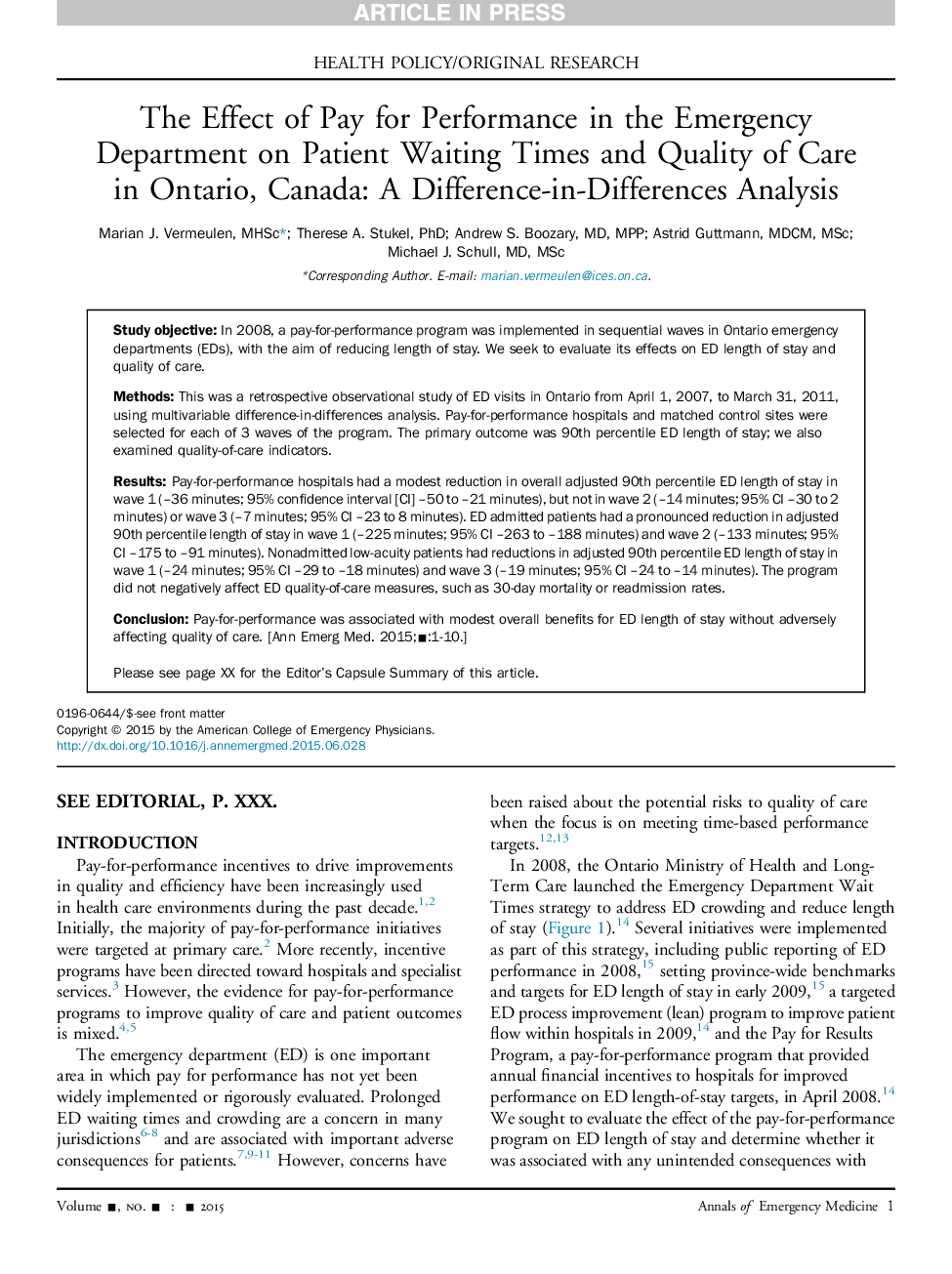 The Effect of Pay for Performance in the Emergency Department on Patient Waiting Times and Quality of Care in Ontario, Canada: A Difference-in-Differences Analysis