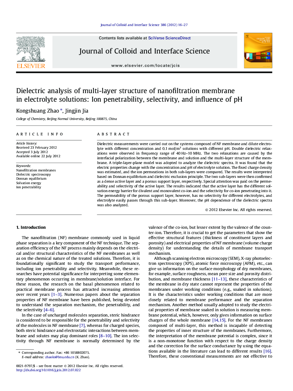 Dielectric analysis of multi-layer structure of nanofiltration membrane in electrolyte solutions: Ion penetrability, selectivity, and influence of pH