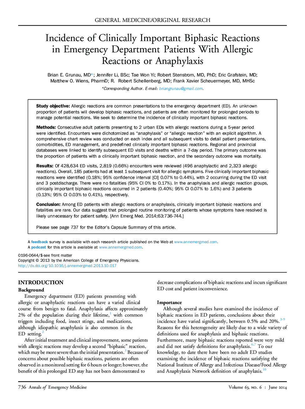 General medicine/original researchIncidence of Clinically Important Biphasic Reactions in Emergency Department Patients With Allergic Reactions or Anaphylaxis