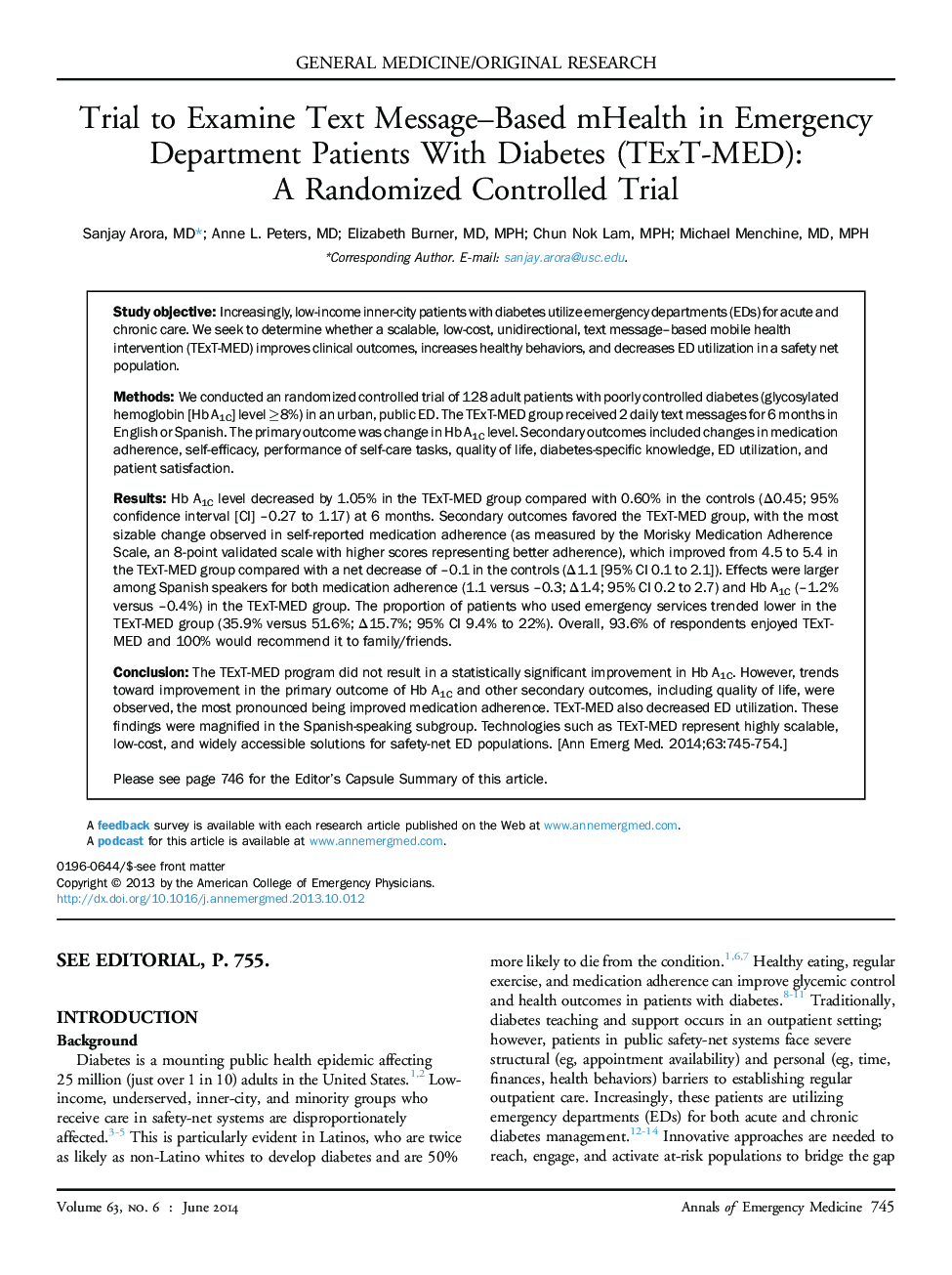 General medicine/original researchTrial to Examine Text Message-Based mHealth in Emergency Department Patients With Diabetes (TExT-MED): AÂ RandomizedÂ Controlled Trial