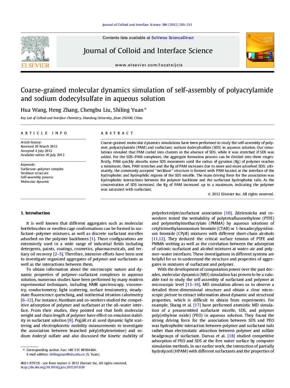 Coarse-grained molecular dynamics simulation of self-assembly of polyacrylamide and sodium dodecylsulfate in aqueous solution