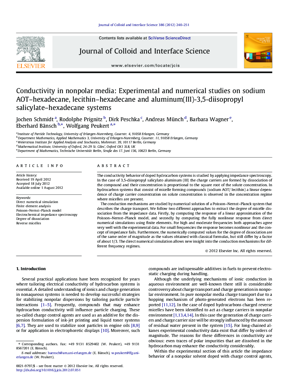 Conductivity in nonpolar media: Experimental and numerical studies on sodium AOT–hexadecane, lecithin–hexadecane and aluminum(III)-3,5-diisopropyl salicylate–hexadecane systems