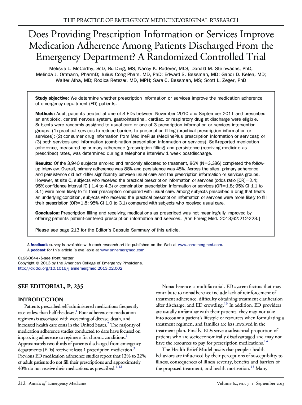 Does Providing Prescription Information or Services Improve Medication Adherence Among Patients Discharged From the Emergency Department? A Randomized Controlled Trial