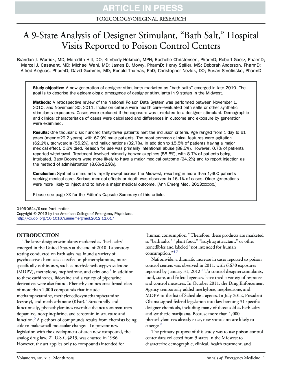 A 9-State Analysis of Designer Stimulant, “Bath Salt,” Hospital Visits Reported to Poison Control Centers